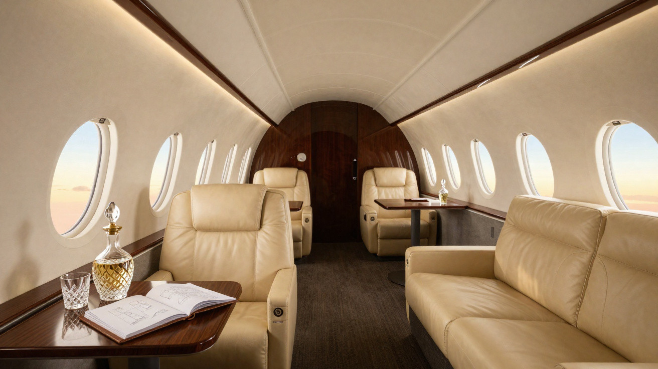 Interior luxuoso de avião privado com poltronas de couro bege, janelas ovais e mesa com livro aberto e bebida.