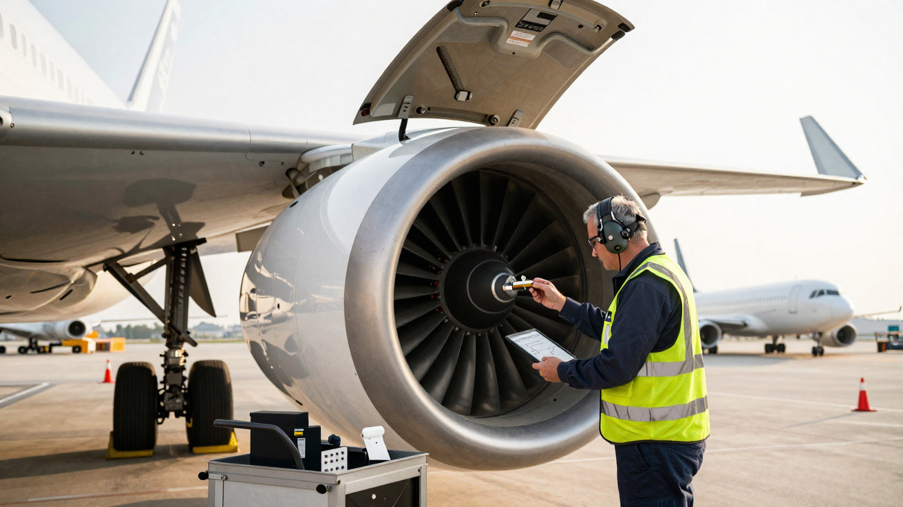 Técnico inspecionando motor de avião com checklist no aeroporto em dia claro.