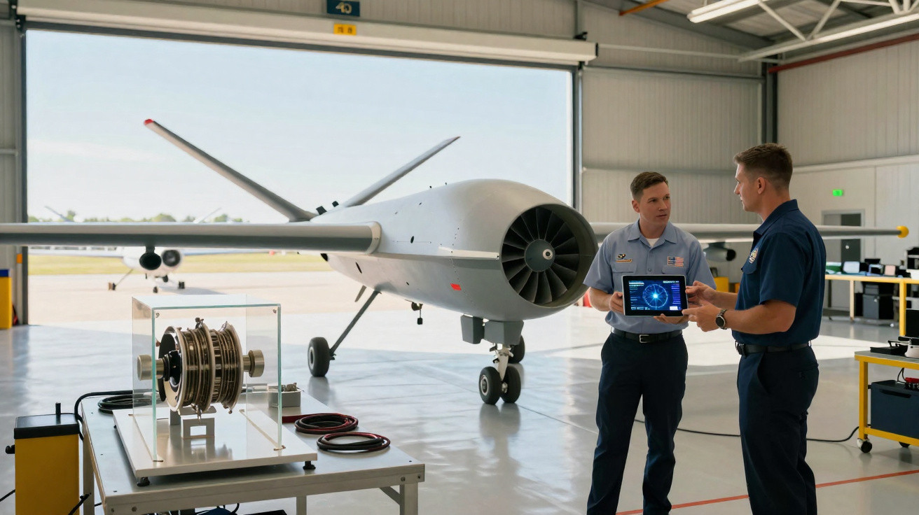 Dois homens em uniforme conversam ao lado de drone em hangar, um segura tablet mostrando dados técnicos.