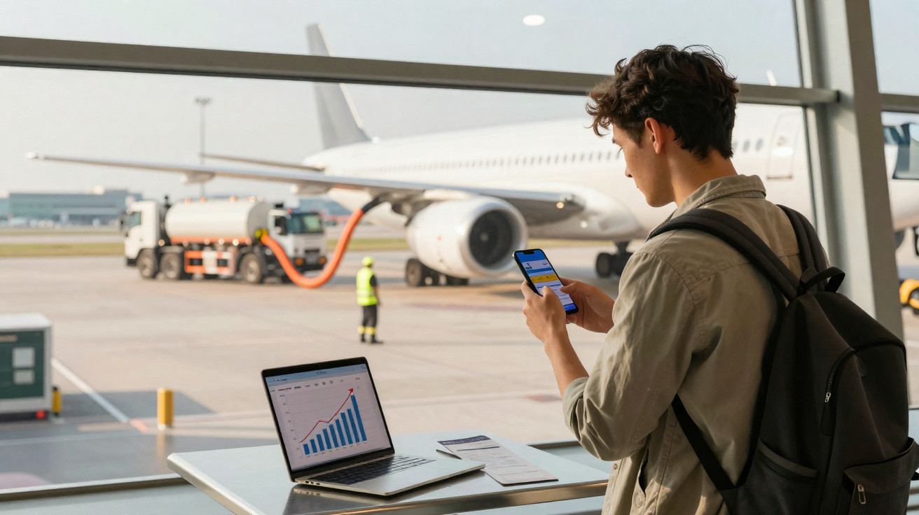 Jovem com mochila usa celular em aeroporto, com avião e laptop aberto mostrando gráficos ao fundo.