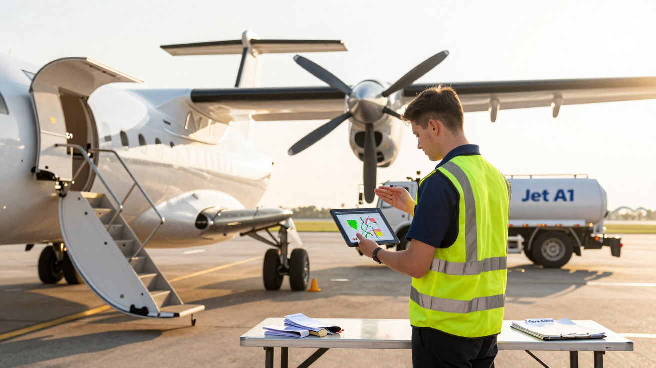 Homem com colete refletivo usa tablet perto de avião turboélice e caminhão de combustível em aeroporto.