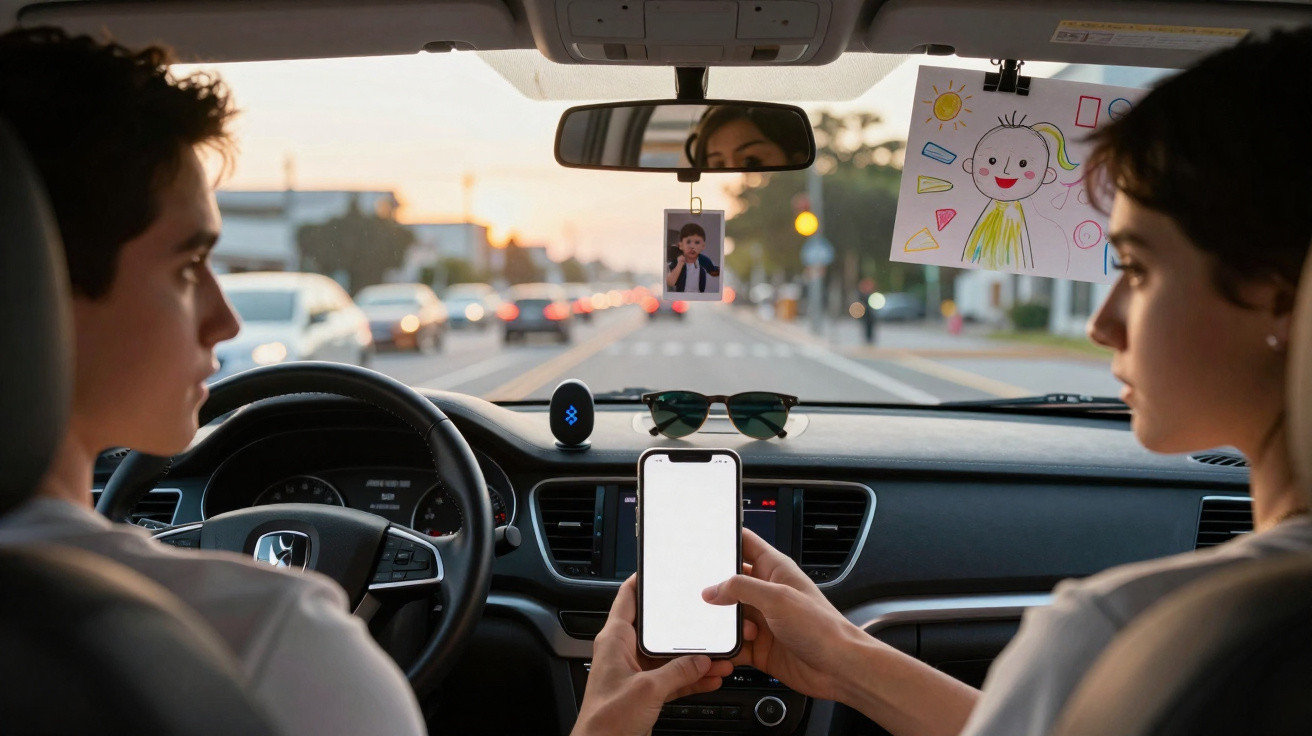 Interior de carro com duas pessoas, passageiros olhando para celular com tela em branco ao pôr do sol.