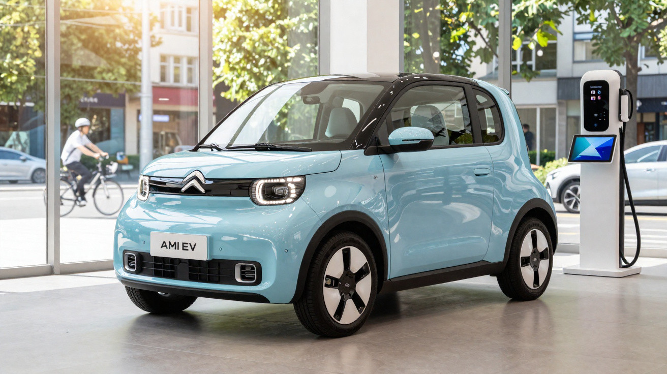 Carro elétrico Citroën AMI EV azul claro estacionado ao lado de estação de recarga em ambiente urbano.