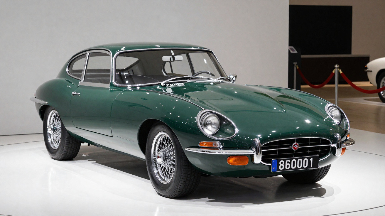 Carro esportivo clássico verde em exposição com rodas cromadas e faróis redondos.