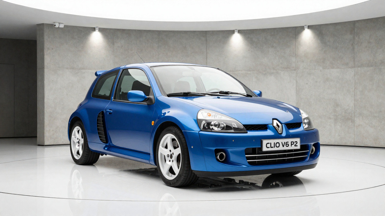 Carro esportivo Renault Clio V6 azul estacionado em ambiente interno com paredes cinza.