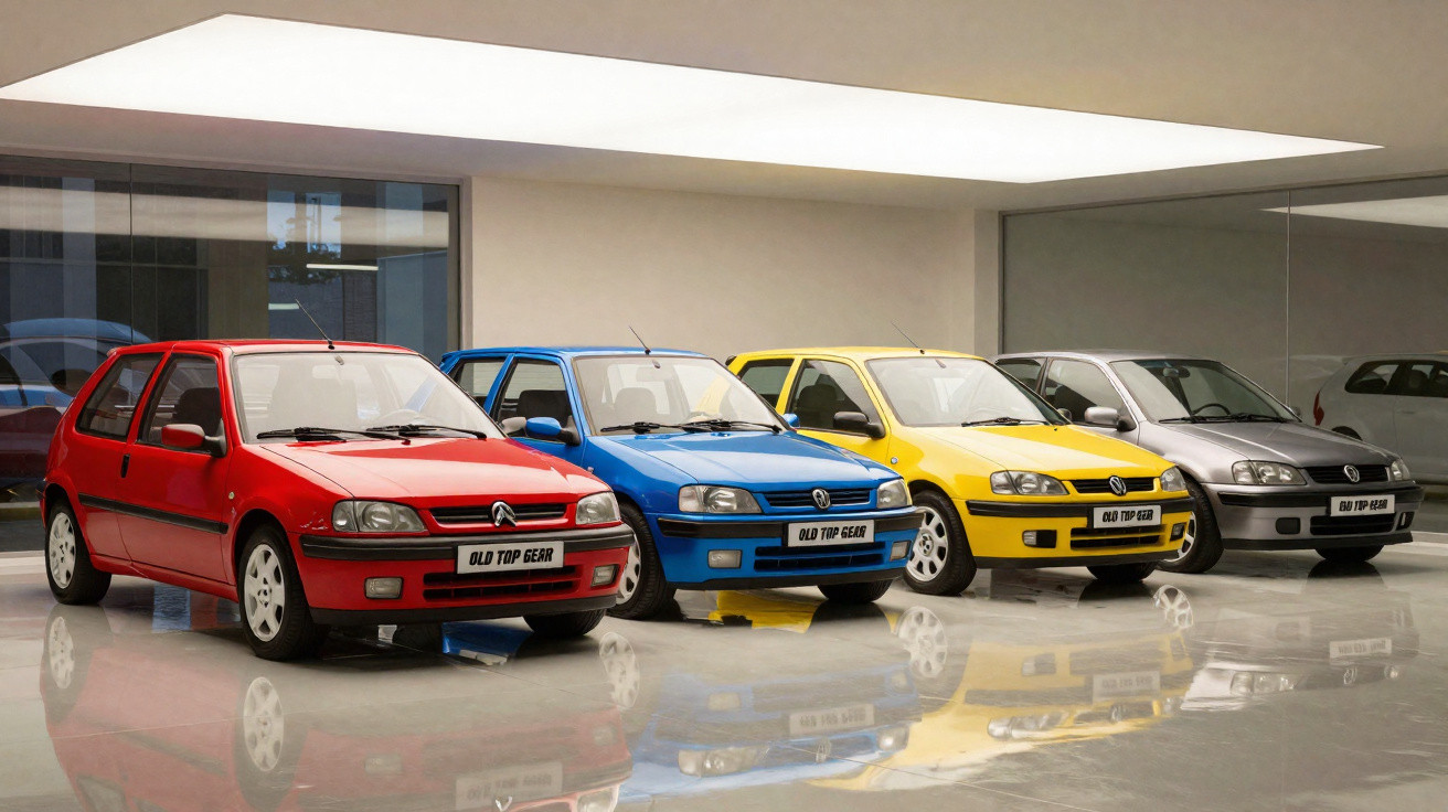 Quatro carros pequenos, nas cores vermelho, azul, amarelo e cinza estacionados em fila em garagem interna.