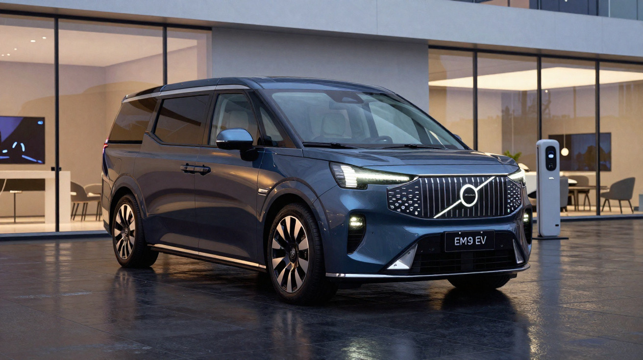Carro elétrico Volvo EM9 EV azul estacionado em frente a prédio moderno com vidros grandes.