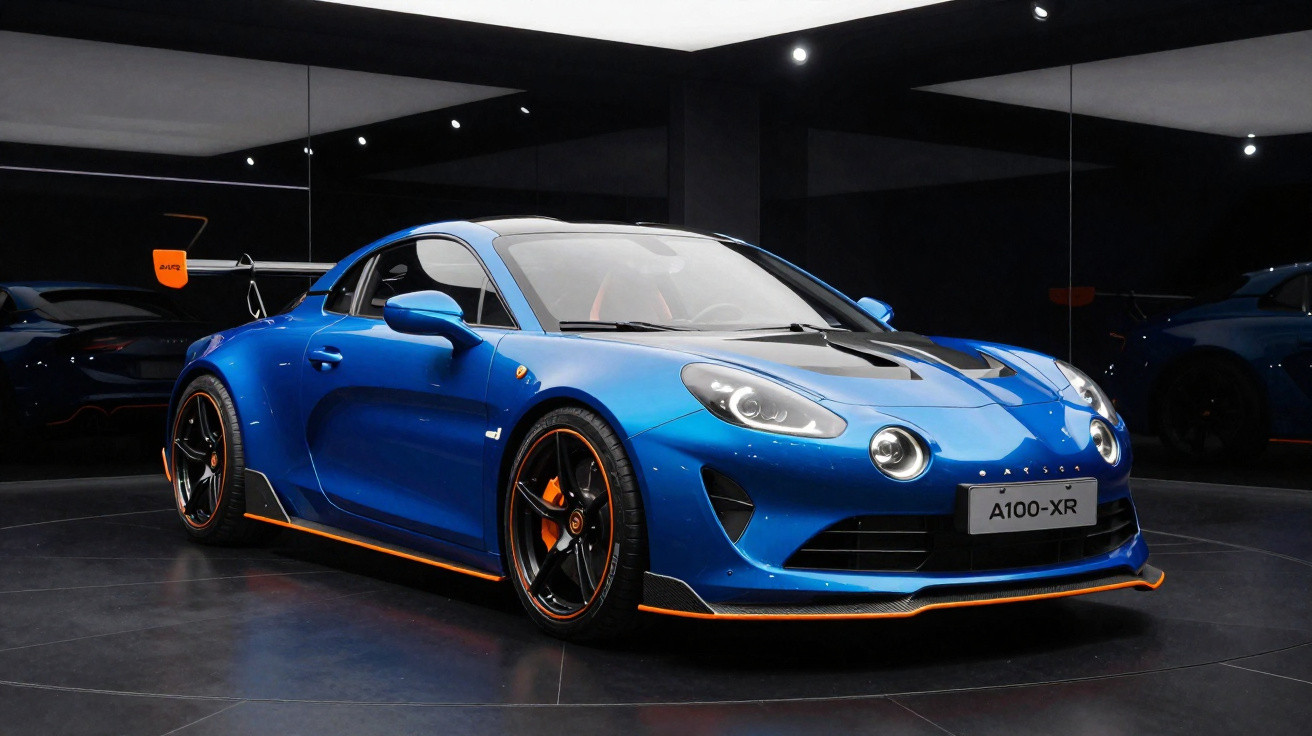 Carro esportivo azul Alpine A110-XR em showroom com detalhes em laranja e rodas pretas.