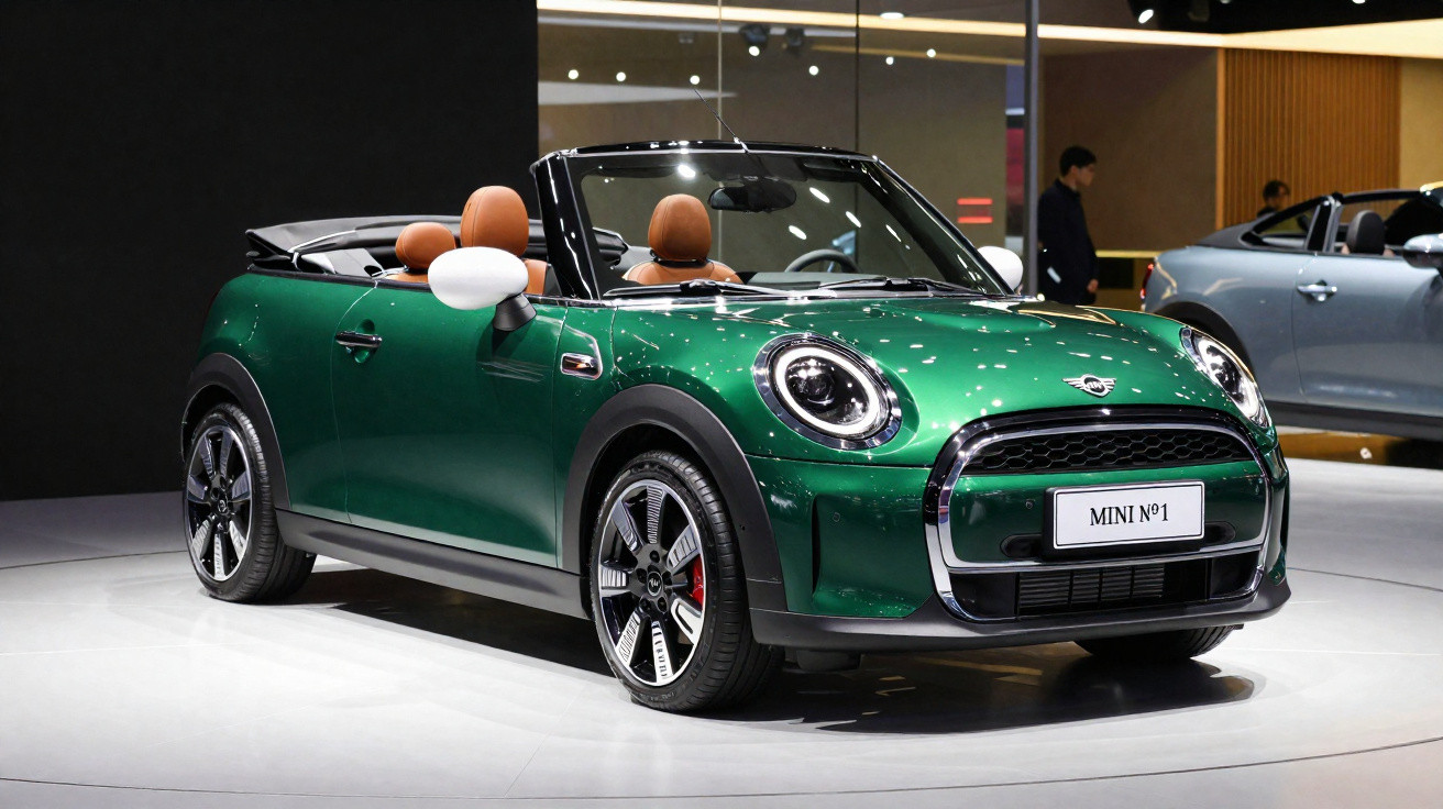 Carro conversível Mini Cooper verde com interior marrom em exposição interna.