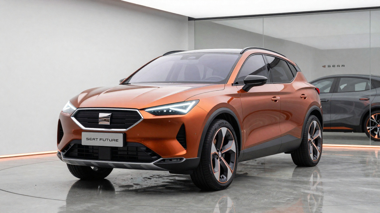 SUV elétrico Seat Future laranja em exposição, com design moderno e faróis de LED acesos.