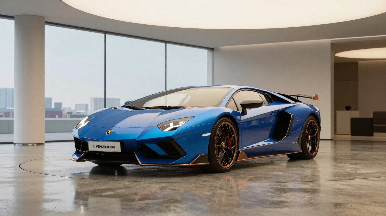 Carro esportivo Lamborghini azul Lamborghini Aventador S estacionado em showroom moderno com piso de concreto.