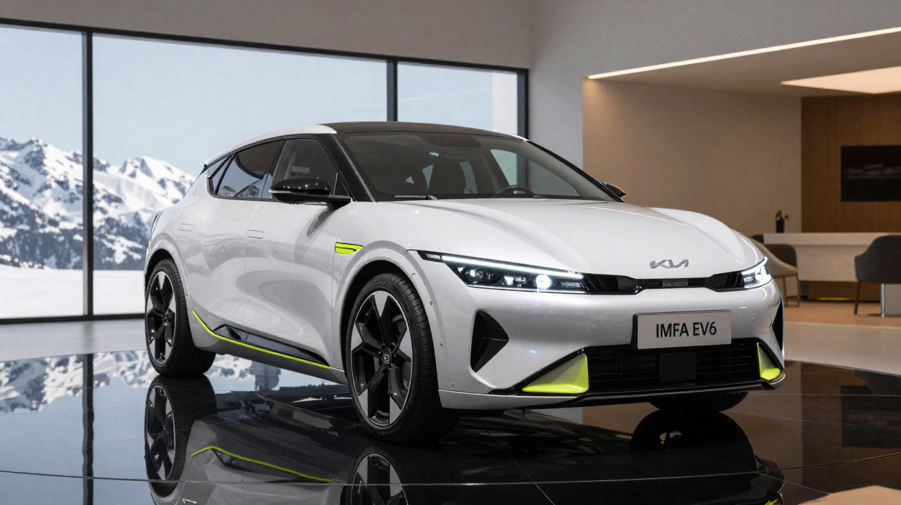 Carro elétrico branco Kia IMFA EV6 exibido em ambiente interno com grandes janelas e vista para montanhas nevadas.