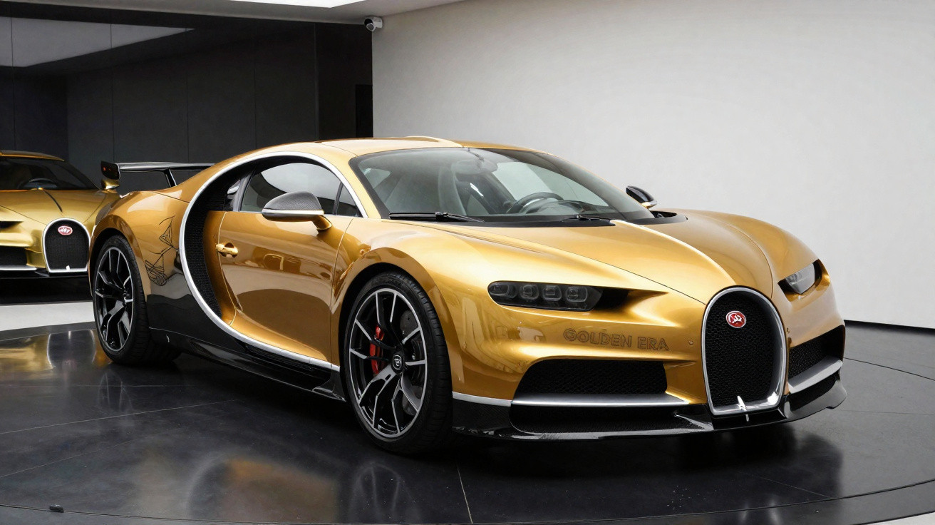 Carro esportivo Bugatti Chiron dourado com detalhes pretos exibido em ambiente interno.