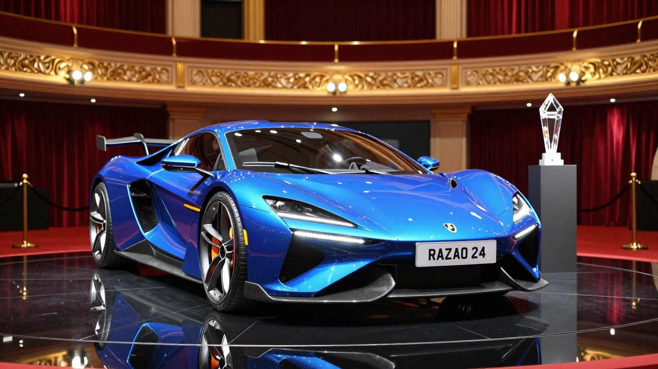 Carro esportivo azul exibido em salão luxuoso com piso refletivo e decoração dourada e vermelha.