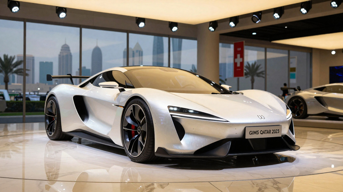 Carro esportivo branco com design futurista exibido em showroom com janela para cidade ao fundo.