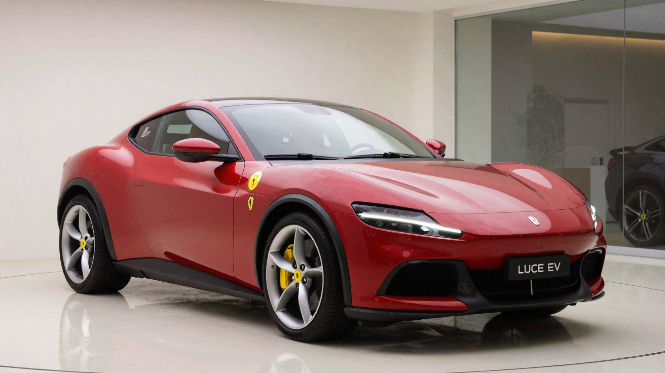 Carro esportivo Ferrari vermelho modelo Luce EV estacionado em ambiente interno com piso branco.