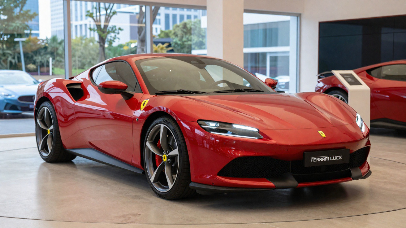 Carro esportivo vermelho Ferrari Luce exibido em showroom moderno com grandes janelas de vidro.