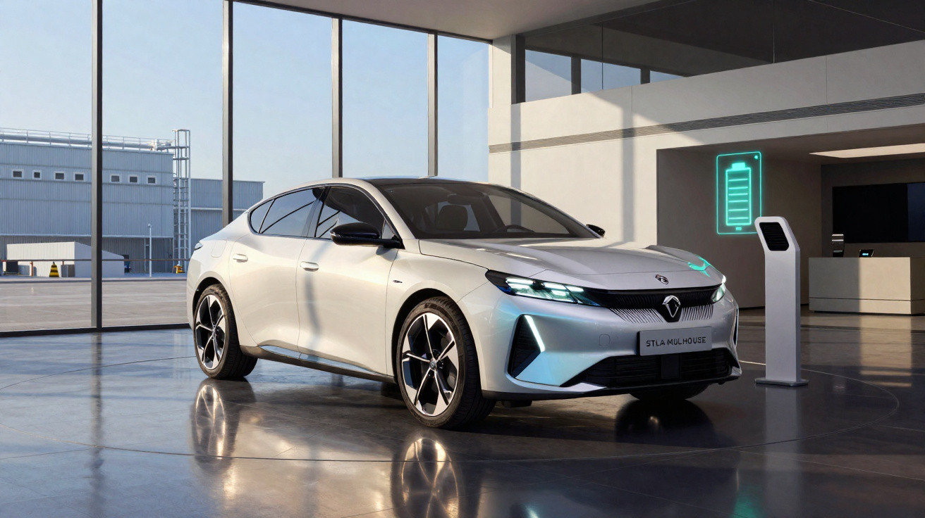 Carro elétrico branco estacionado em área interna moderna com estação de recarga digital iluminada.