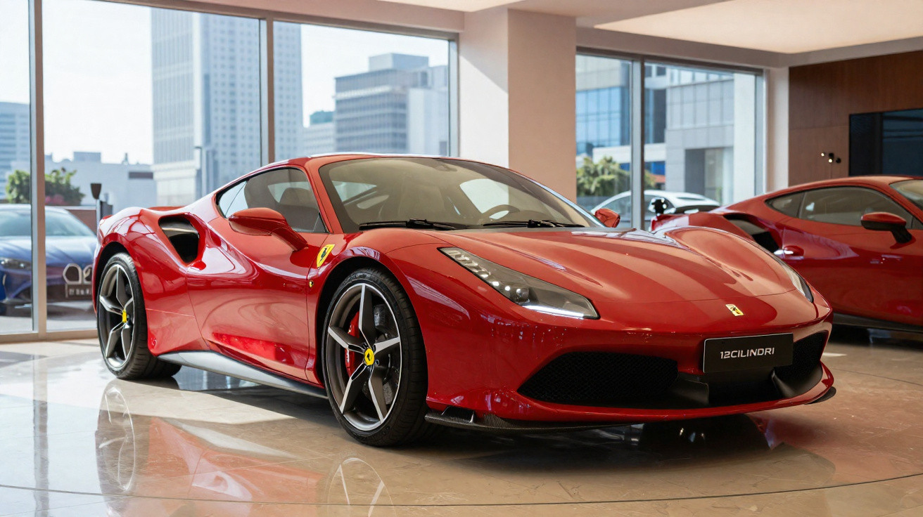 Carro esportivo vermelho Ferrari 812 Cilindri em exibição dentro de showroom moderno com piso brilhante.
