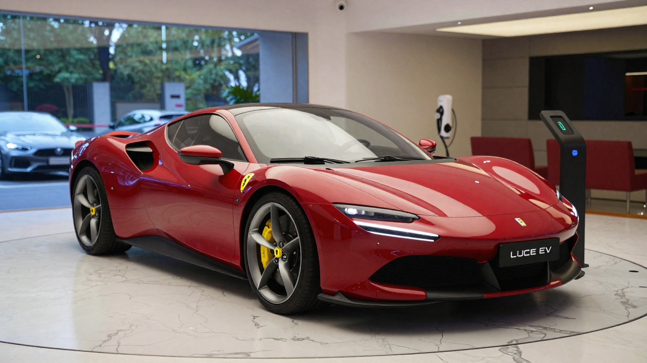 Carro esportivo elétrico Ferrari Luce EV vermelho em showroom moderno, parado perto de estação de carregamento.