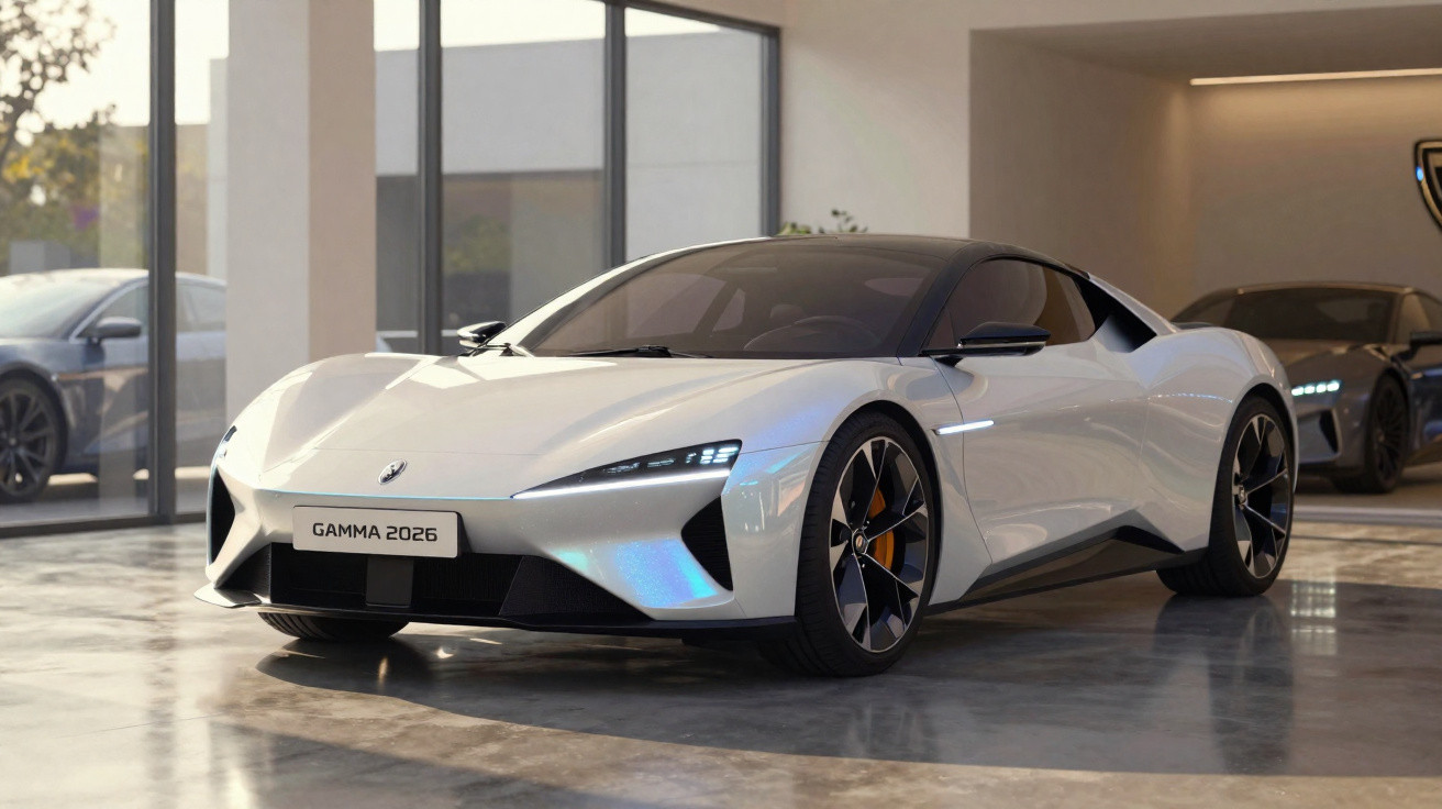 Carro esportivo branco Gamma 2026 estacionado em showroom moderno com piso de concreto polido.