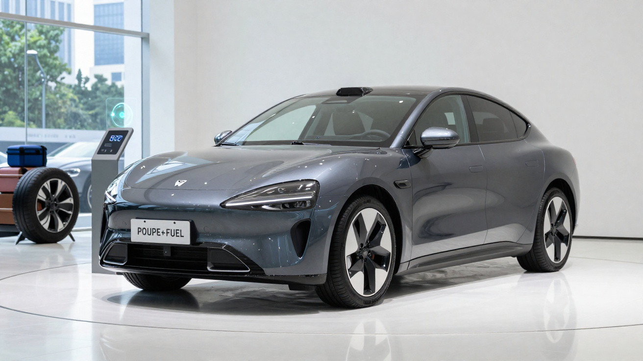 Carro elétrico cinza exibido em showroom moderno com piso branco e monitores digitais ao fundo.