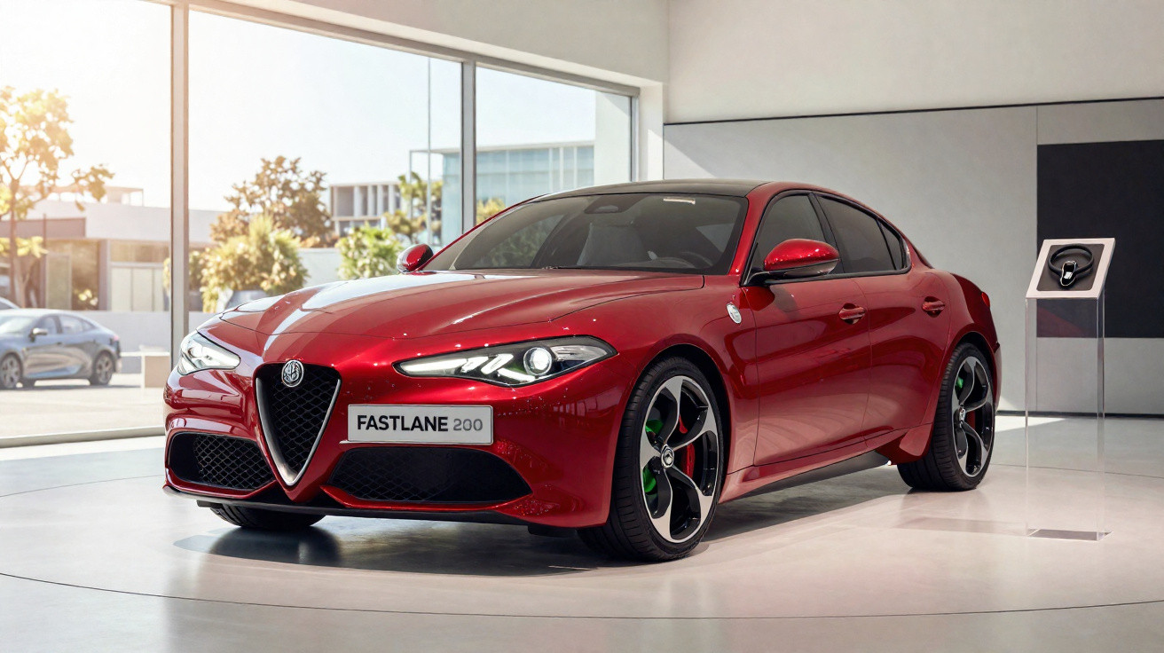 Carro esportivo vermelho Alfa Romeo Fastlane 200 exibido em showroom moderno com piso branco e janelas grandes.