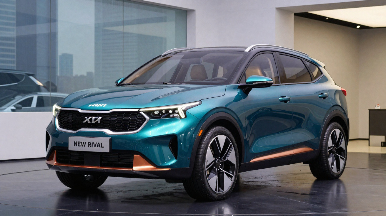 Carro SUV Kia New Rival azul com detalhes em cobre exposto em ambiente interno moderno.