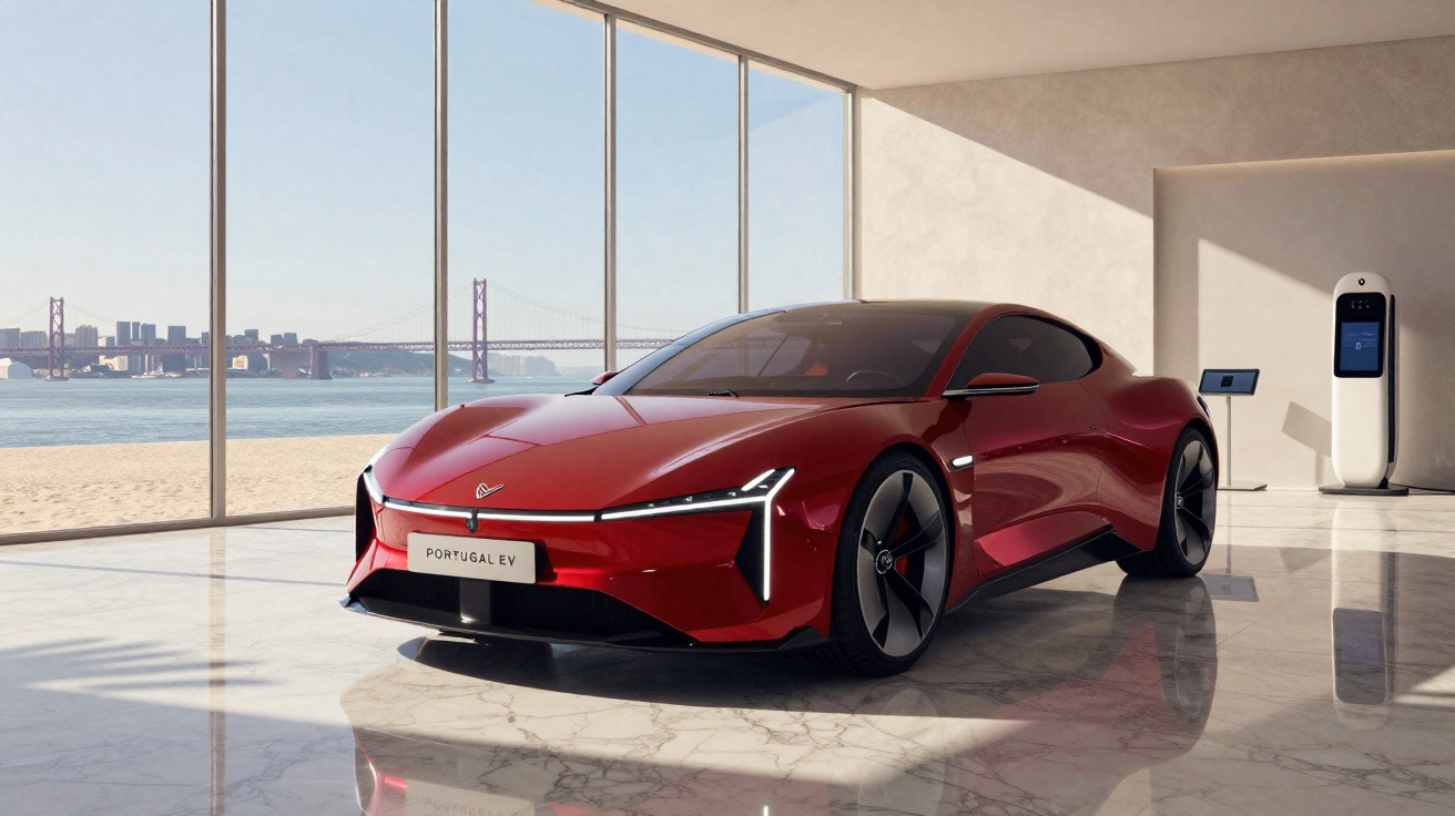 Carro elétrico esportivo vermelho Portugal EV em showroom com vista para a ponte e o mar ao fundo.