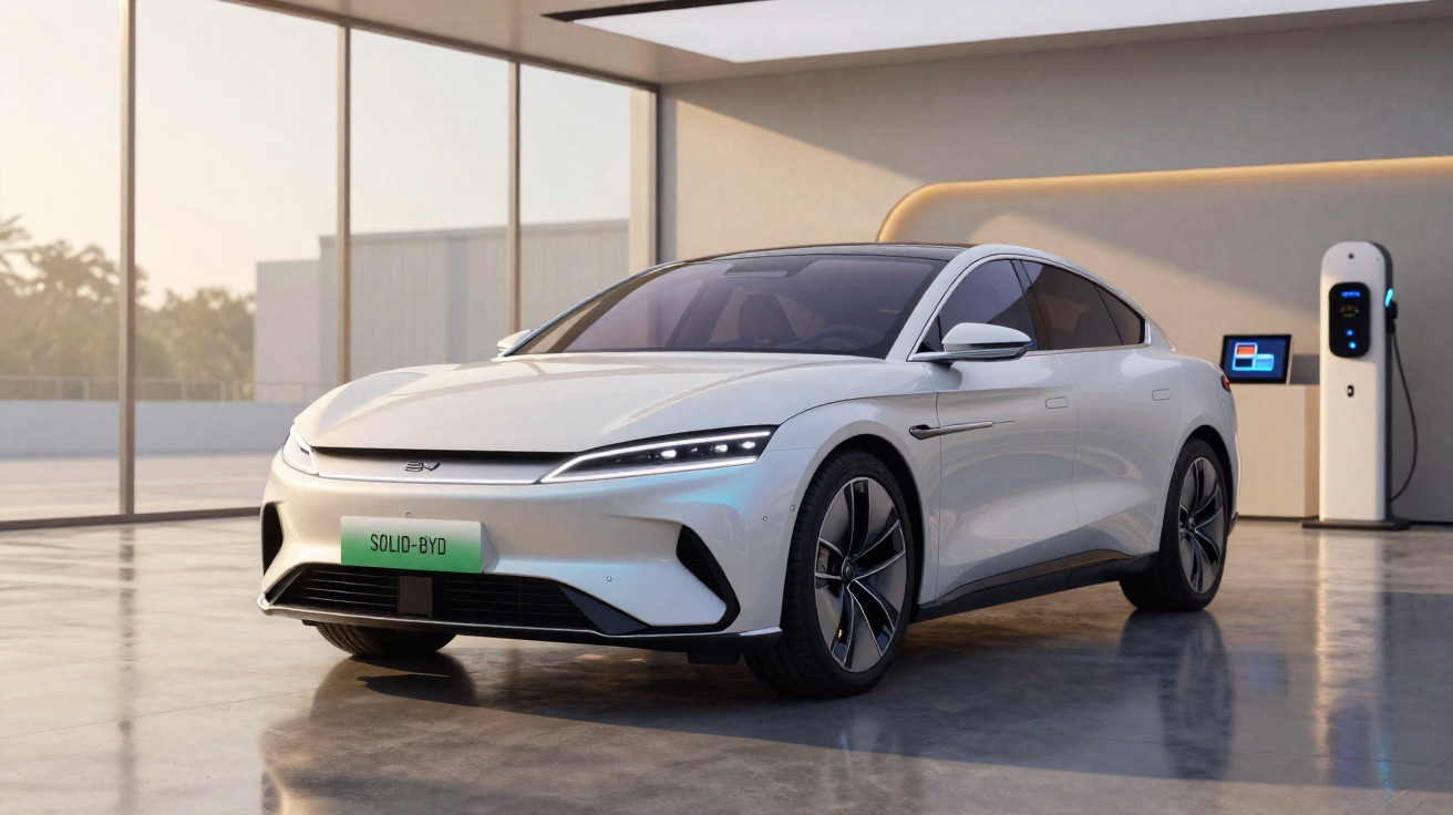 Carro elétrico branco estacionado em garagem moderna com recarga elétrica ao fundo.