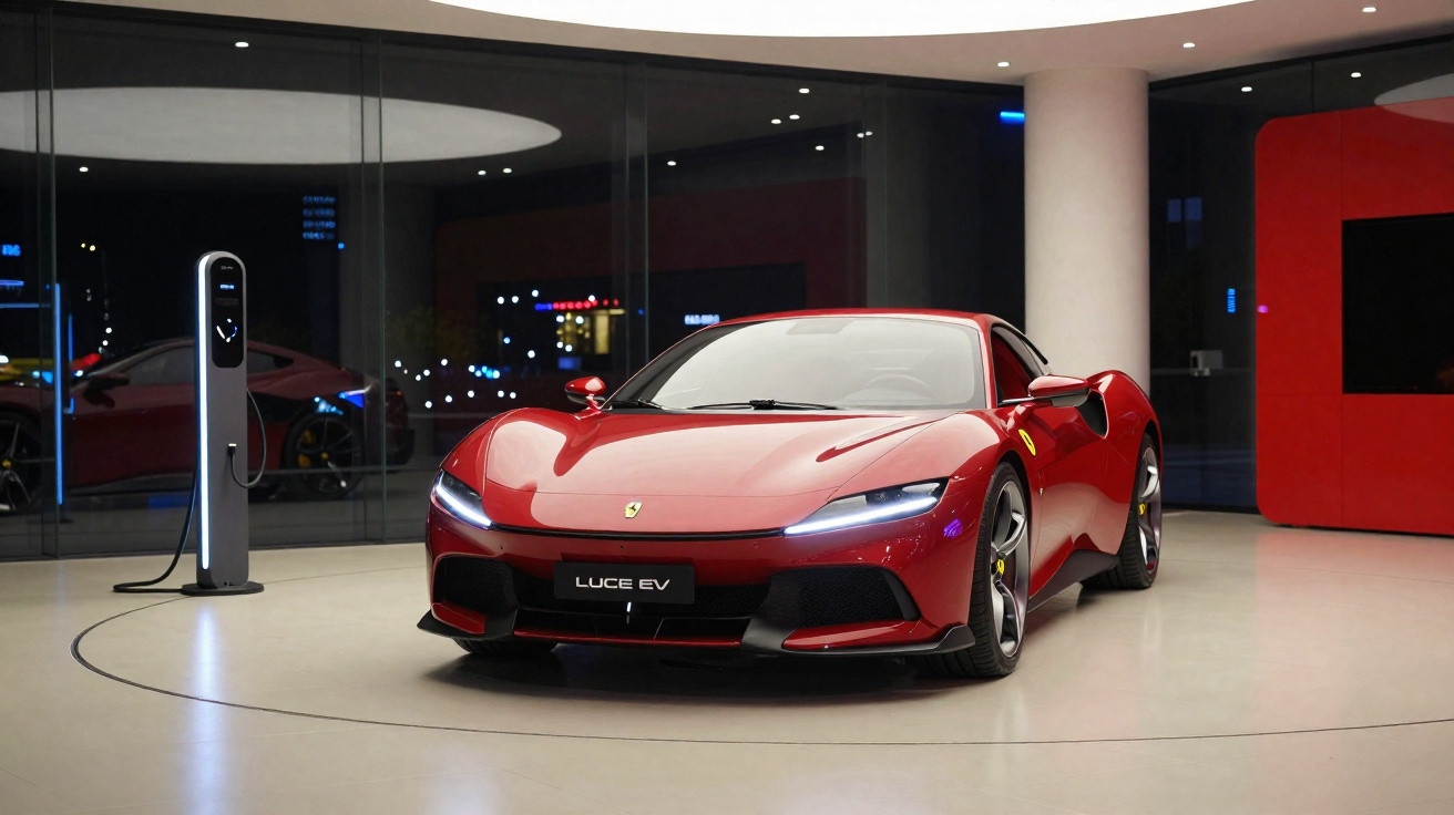 Carro esportivo vermelho elétrico Ferrari Luce EV estacionado em showroom moderno com estação de recarga.
