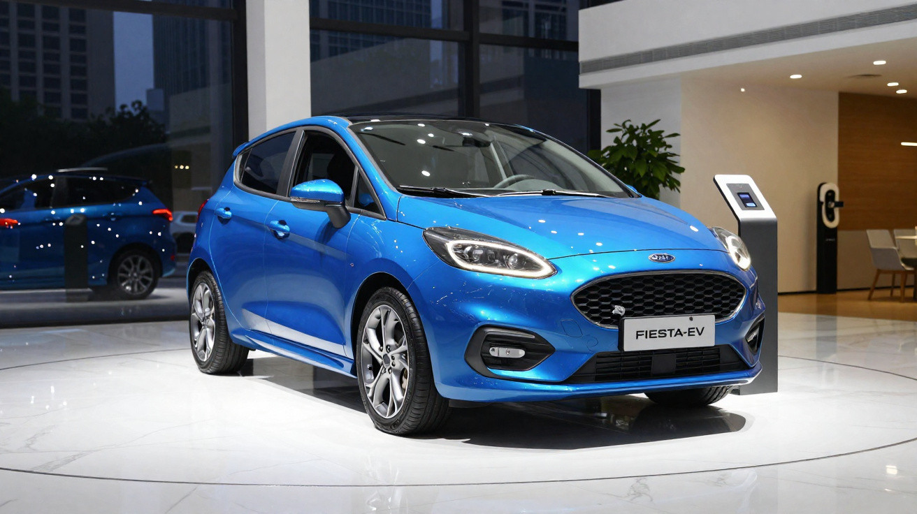 Carro elétrico azul Ford Fiesta-EV exposto em showroom moderno com piso branco e parede de vidro.