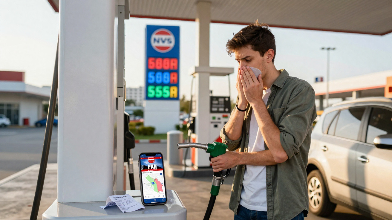 Homem tossindo ao abastecer carro em posto de gasolina com preços visíveis no fundo.