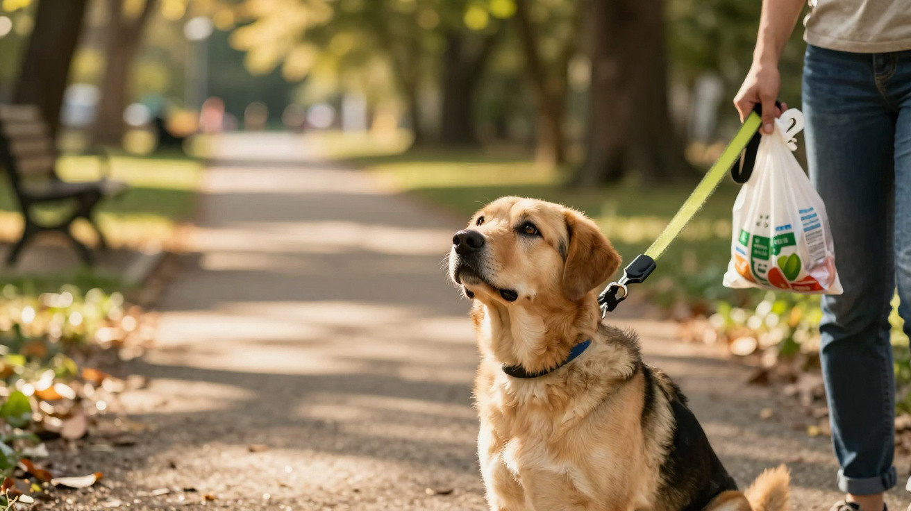 Pessoa caminhando com cachorro grande preso na coleira em parque com árvores e bancos ao fundo.