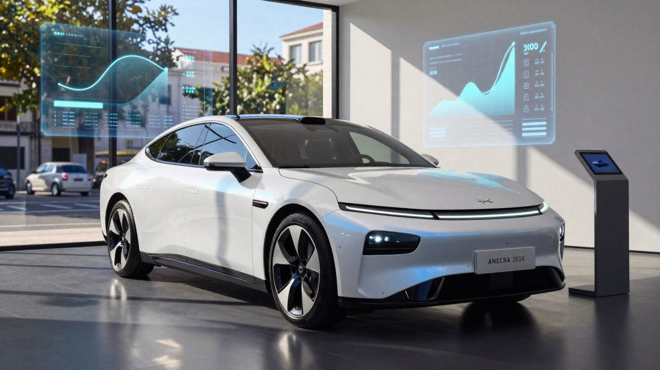Carro elétrico branco moderno exibido em ambiente interno com gráficos digitais flutuantes ao fundo.