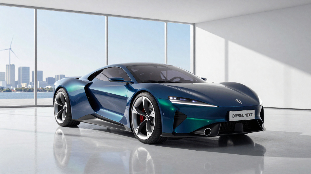 Carro esportivo elétrico azul com design futurista em ambiente interno iluminado por grandes janelas.