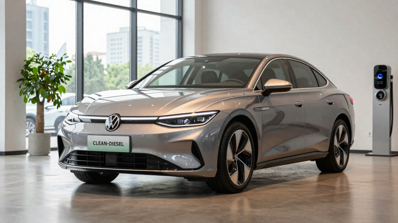 Carro Volkswagen cinza estacionado em showroom moderno com parede branca e janelas grandes ao fundo.