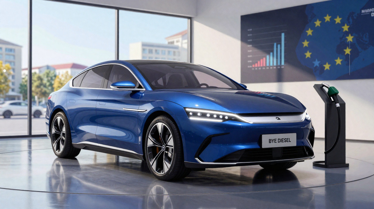 Carro elétrico azul em showroom moderno próximo a estação de recarga com placa "Bye Diesel".