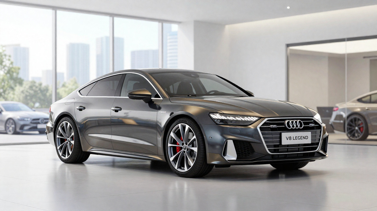 Carro Audi cinza estacionado em ambiente interno com janelas grandes e outros carros ao fundo.