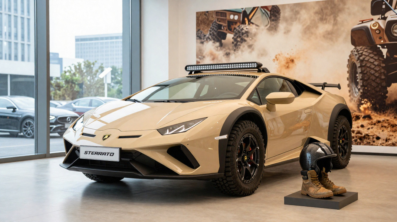 Lamborghini Huracán Sterrato bege exposto em showroom com capacete e botas ao lado.