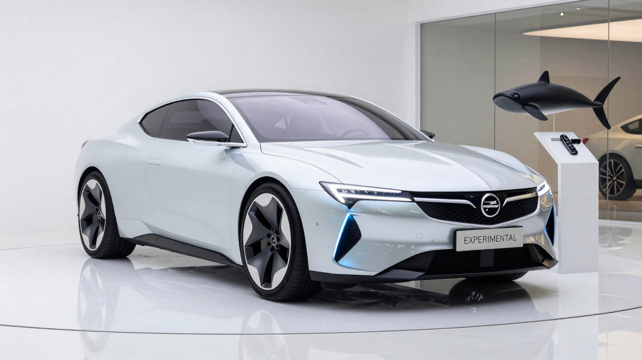 Carro esportivo elétrico branco de design futurista exposto em ambiente minimalista branco.