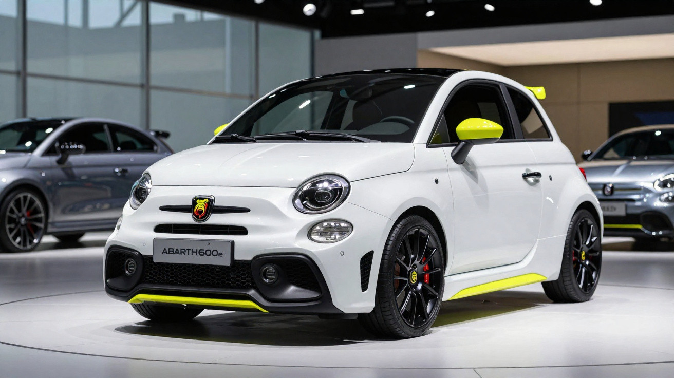 Carro esportivo branco Abarth 600e com detalhes amarelos exposto em salão automotivo moderno.