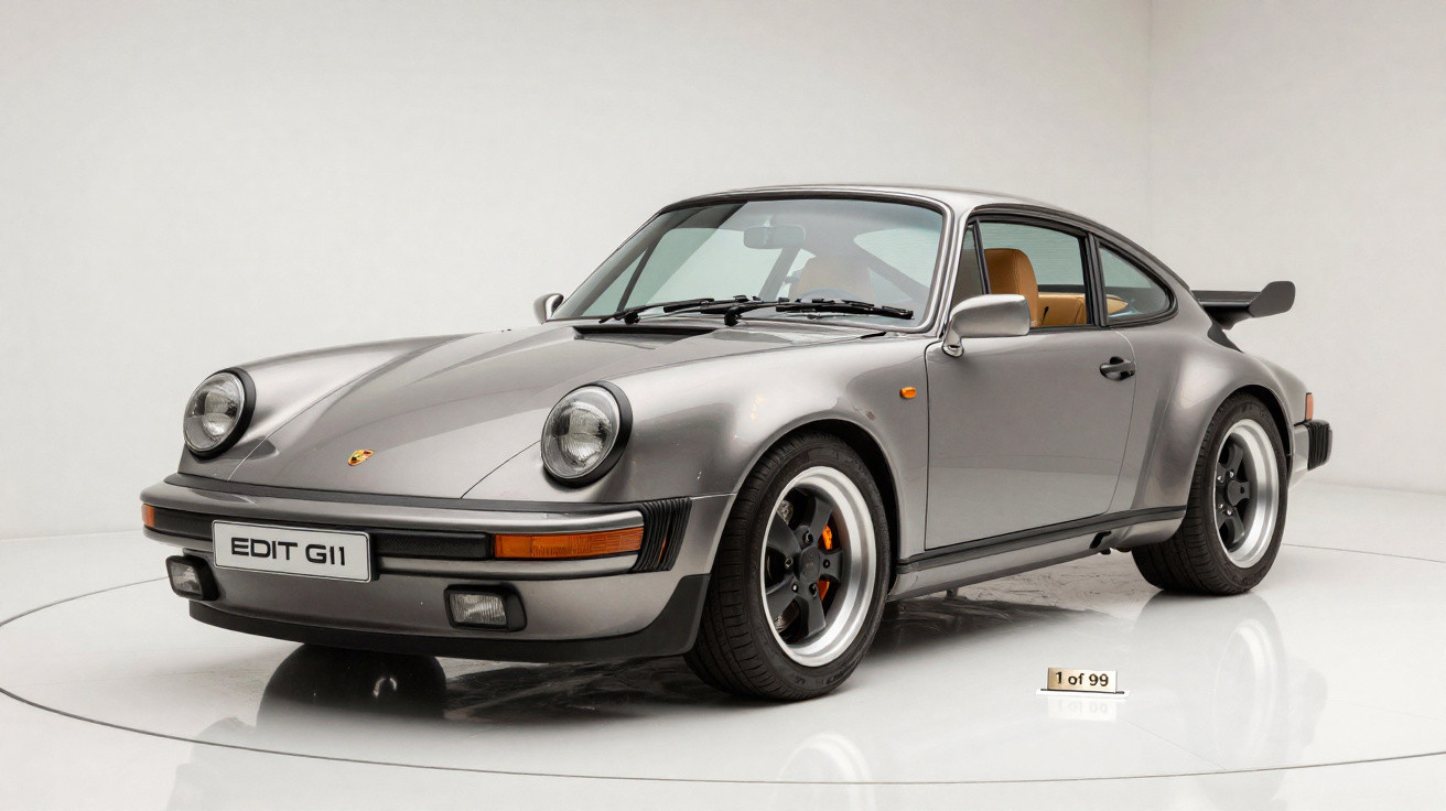Carro esportivo clássico Porsche 911 prata com interior bege em estúdio branco.