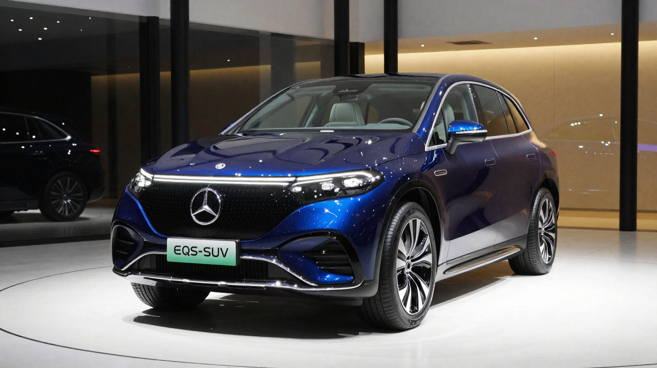Carro SUV elétrico Mercedes-Benz EQS azul exibido em salão de automóveis, vista frontal e lateral direita.