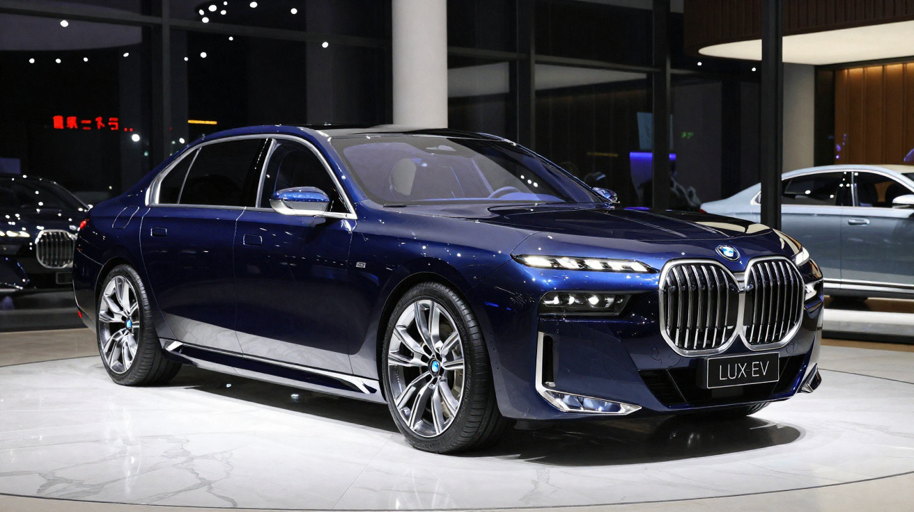 Carro elétrico BMW LUX EV azul escuro em exposição em ambiente interno moderno e iluminado.