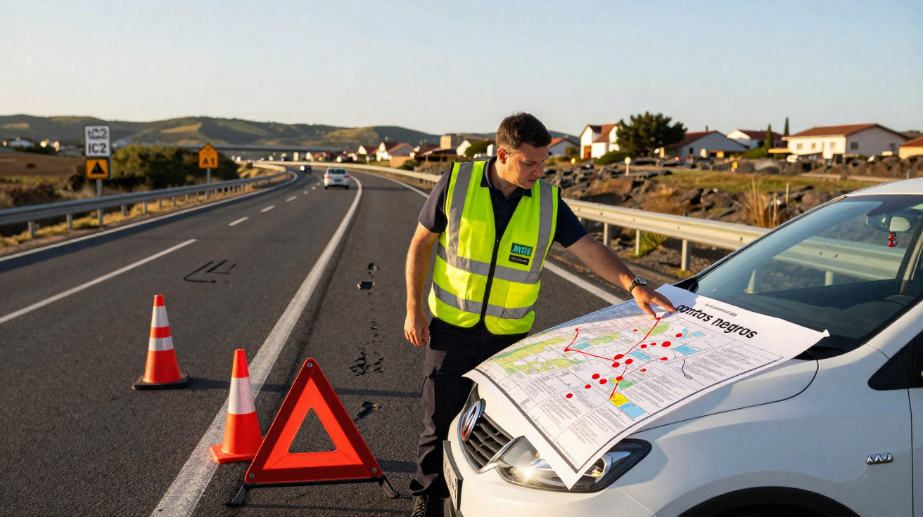 Homem com colete refletivo analisa mapa com pontos vermelhos sobre capô de carro branco parado em estrada.