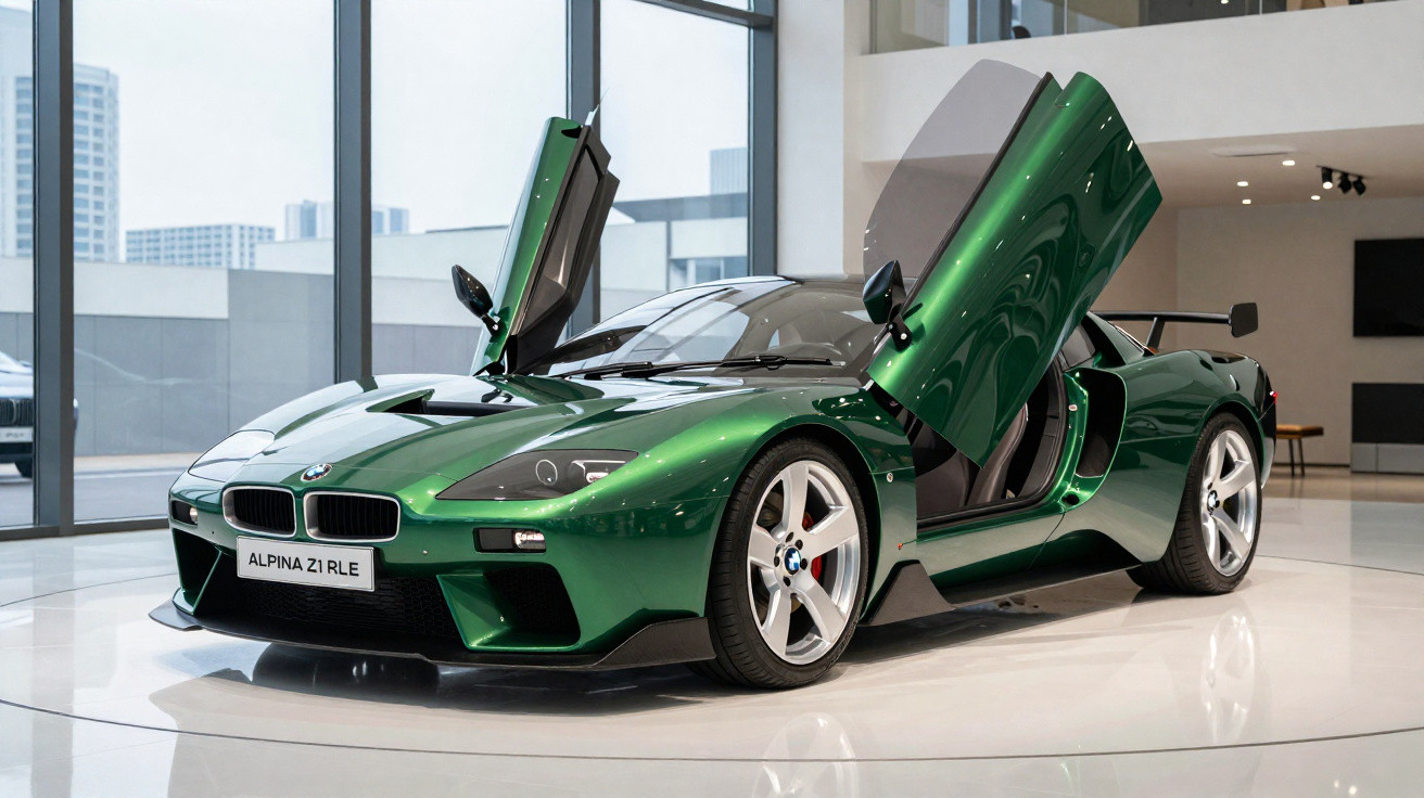Carro esportivo BMW Alpina Z1 RLE verde com portas abertas em showroom moderno e iluminado.