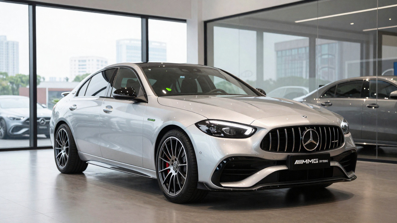 Mercedes-Benz AMG híbrido prata exibido em showroom moderno com vidro e iluminação natural.