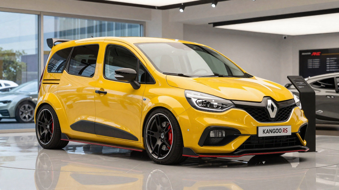 Carro esportivo Renault Kangoo RS amarelo em showroom, com rodas pretas e detalhes vermelhos.