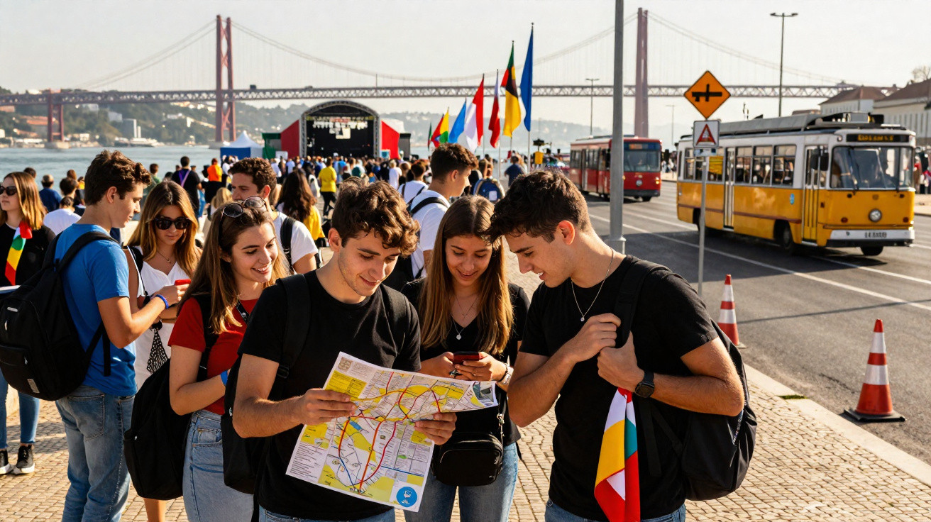 Jovens consultam mapa e celulares em calçada próxima a bonde amarelo e ponte suspensa ao fundo.